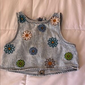 Zara Light Blue Denim Tank Top with Multicolor Floral Embroidery